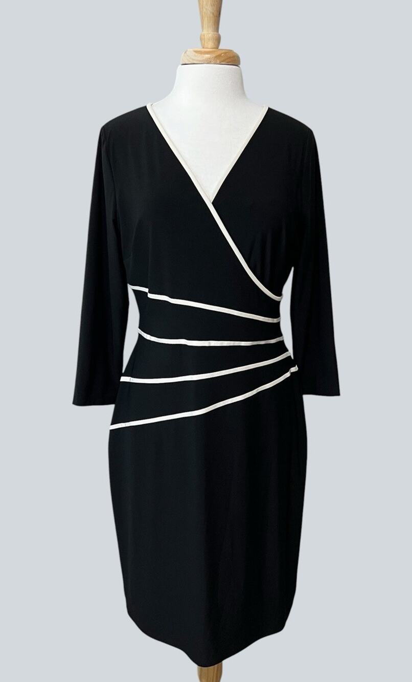 Lauren Ralph Lauren Dress Faux Wrap Sheath Black White sz 14 Y2K Career Cocktail